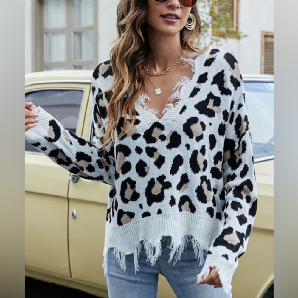 Leopard fringe sweater